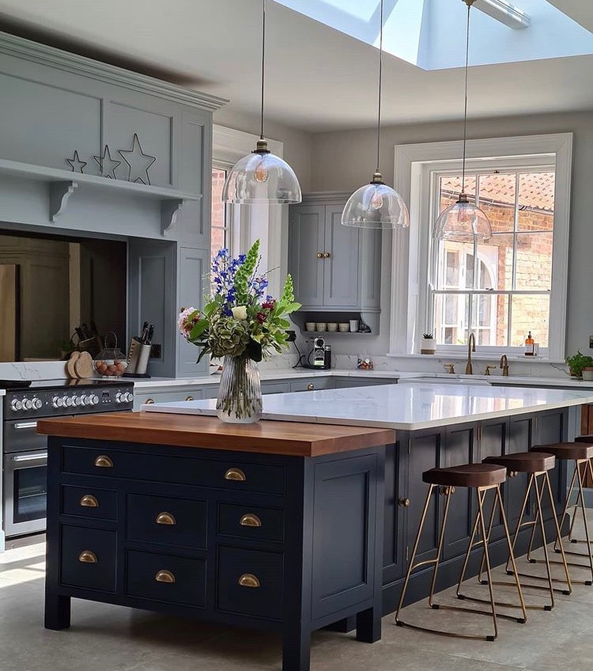 Navy island with clear pendants, wooden elements, and gold accents
