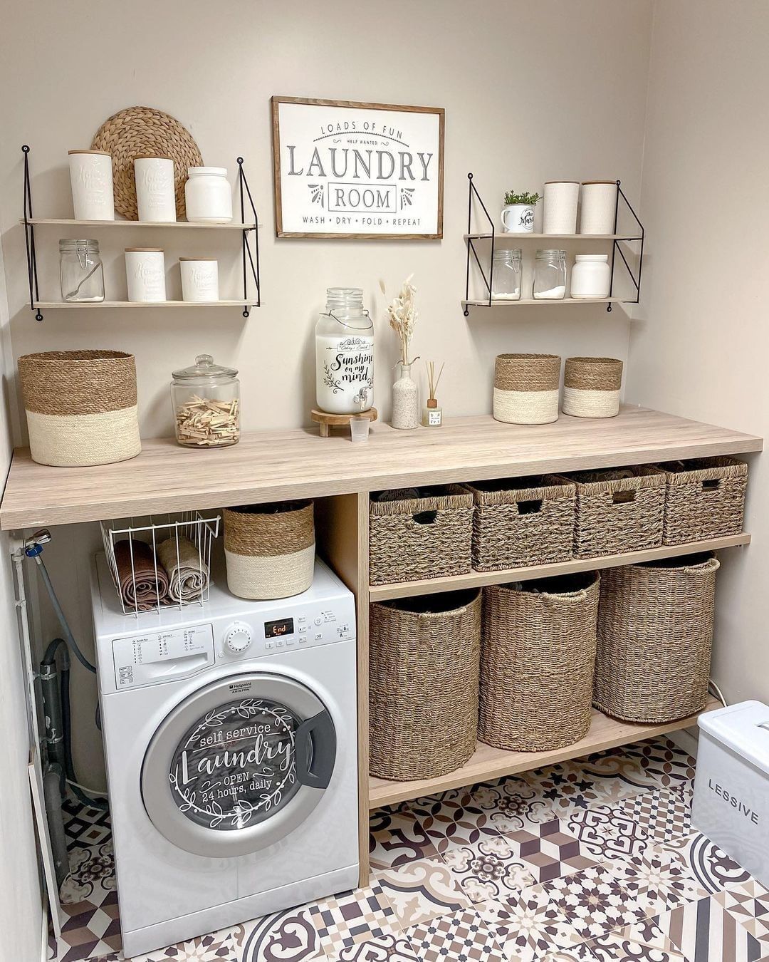 Rustic Charm: Wicker Baskets and Wooden Shelves