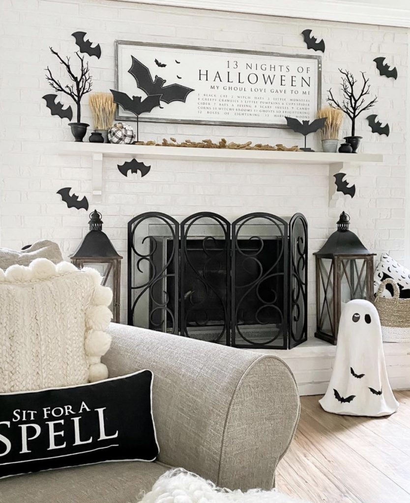 Rustic White Brick Fireplace with Halloween Decor