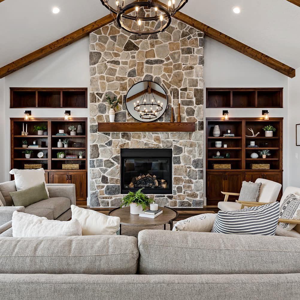 Rustic Wood Beam Above a Stone Fireplace