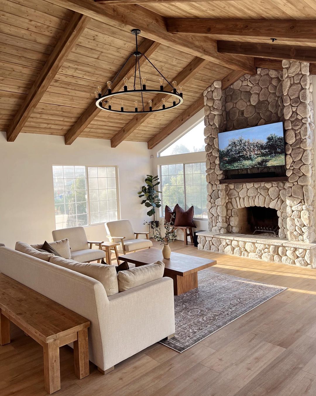 Rustic Wood Beam and Stone Fireplace