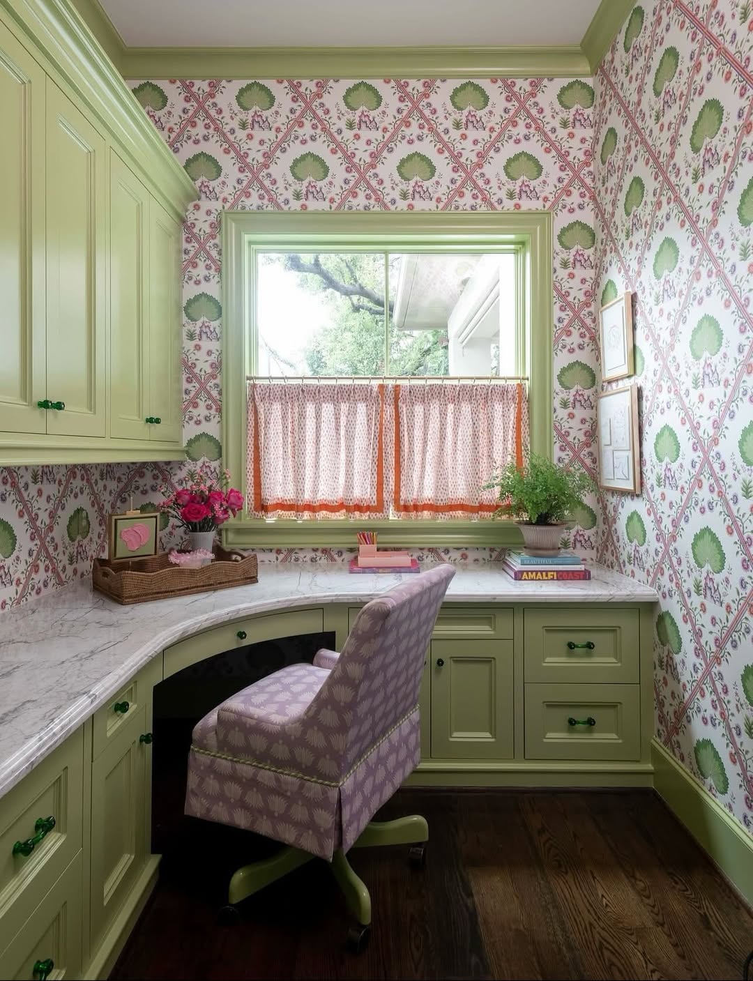 Sage Cabinetry and Lavender Chair Workspace