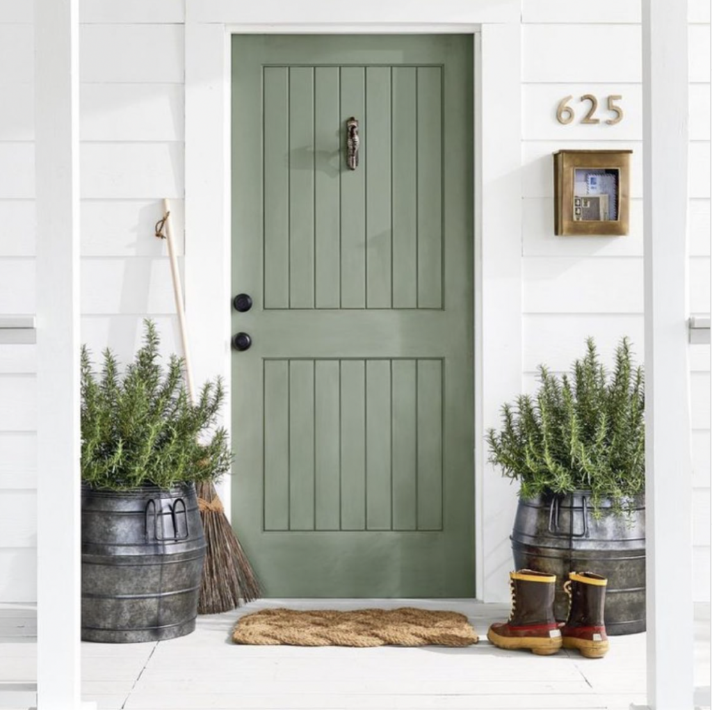 Sage Green Entry Door with Large Planters