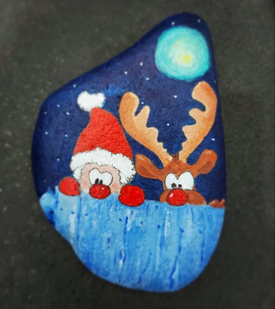Santa and Reindeer Rock Painting