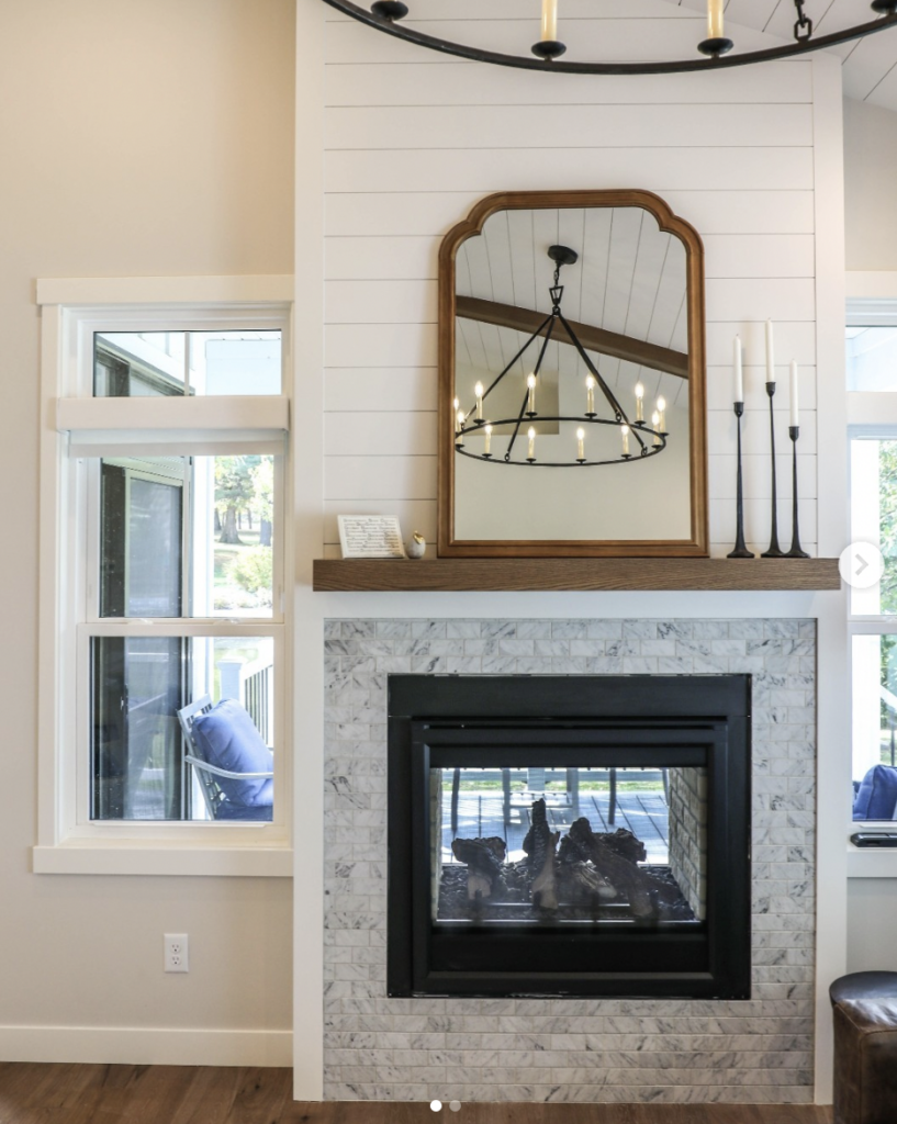 Shiplap Fireplace Wall Flanked by Two Windows