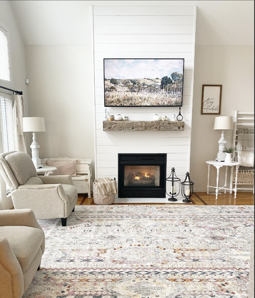 Shiplap Fireplace Wall with Wood Floating Shelf