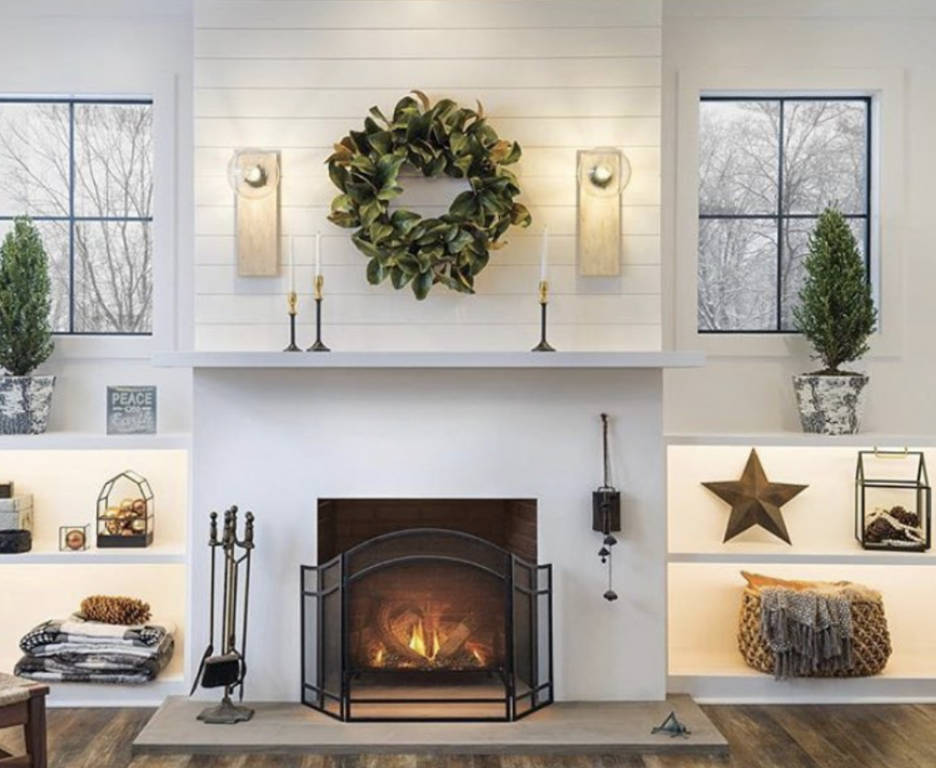 Shiplap Fireplace Wall with Wood Sconces