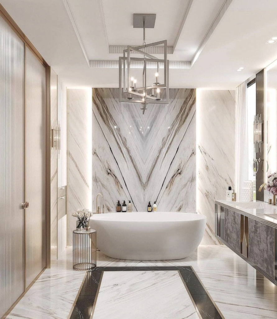 Silver Chandelier Above a White Tub
