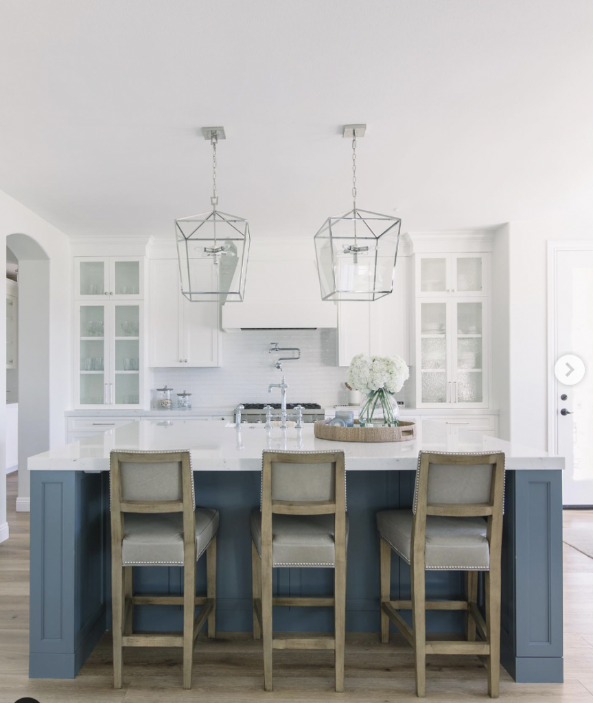 Silver Chandelier and White Blue Kitchen