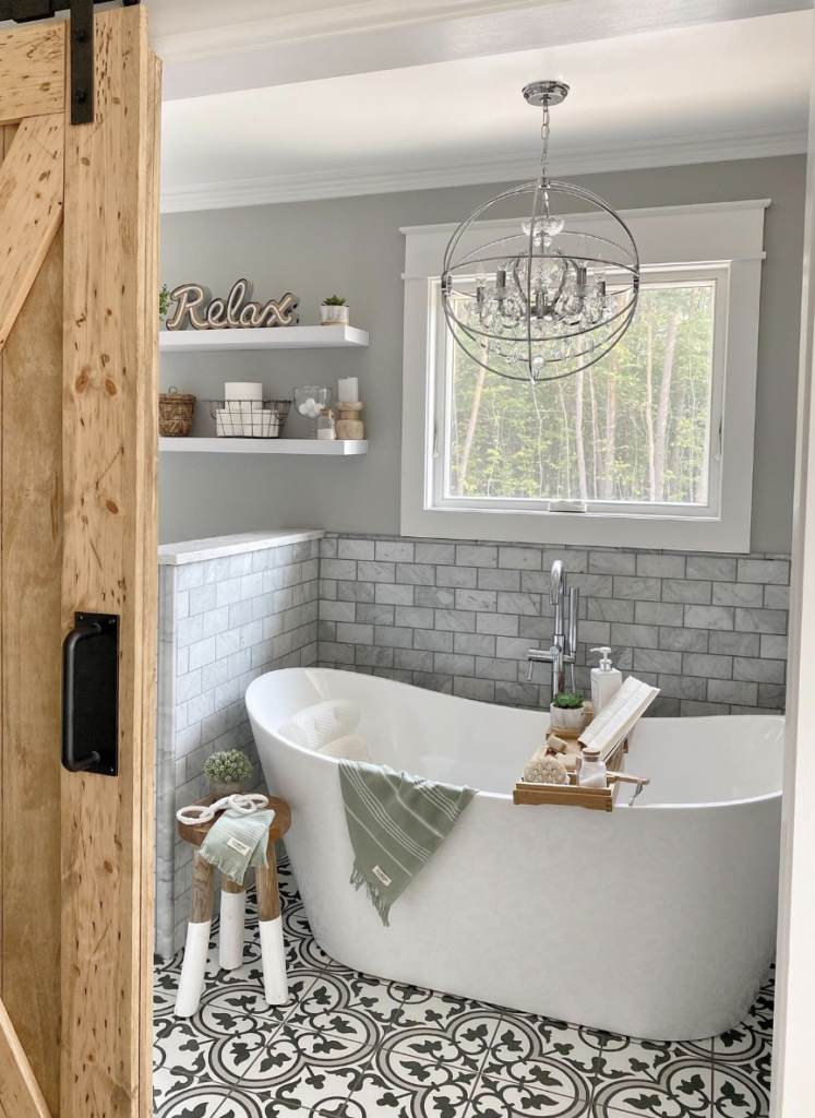 Silver Chandelier in a Grey Bathroom