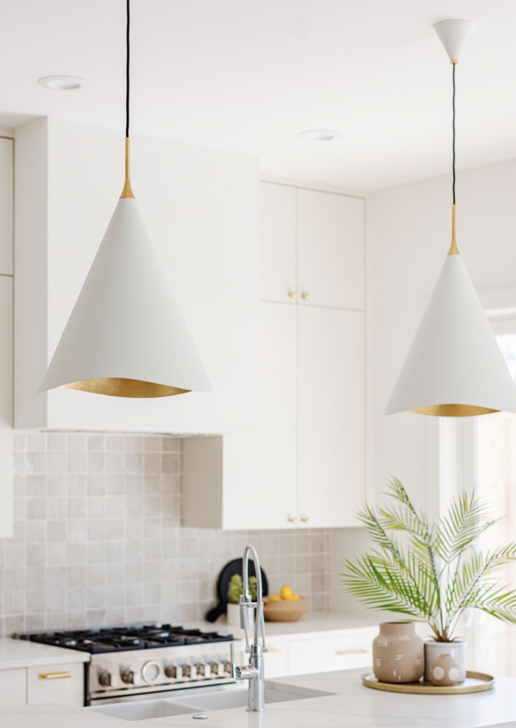 Silver Inverted Cone Lights Over a Sink