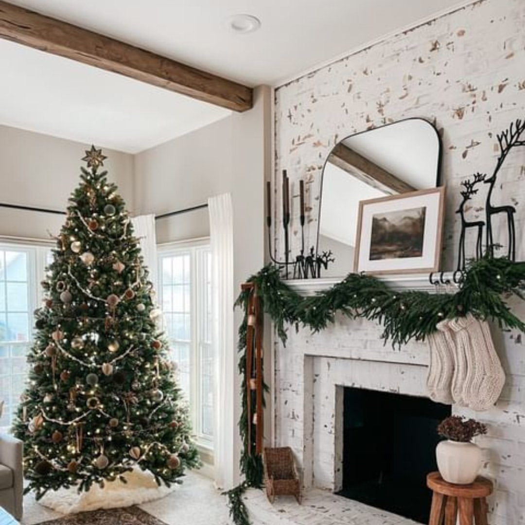 Single Robust Wood Beam in a Festive Living Room