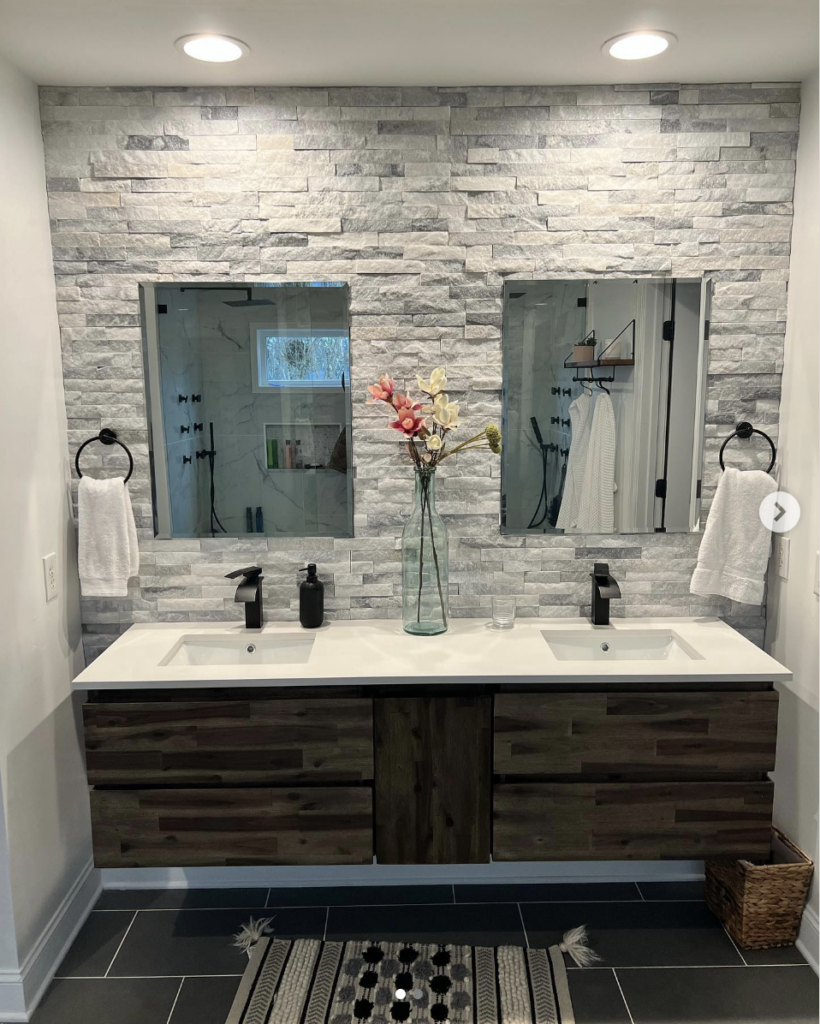Sleek Monochromatic Stacked Stone Bathroom Vanity