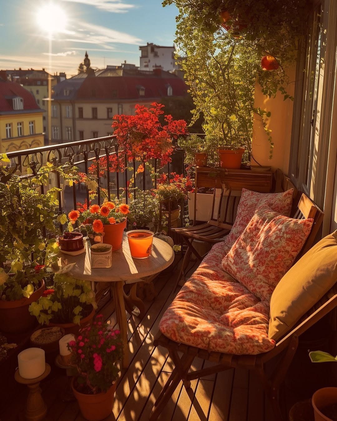 Floral Lounger Framed By Potted Blooms