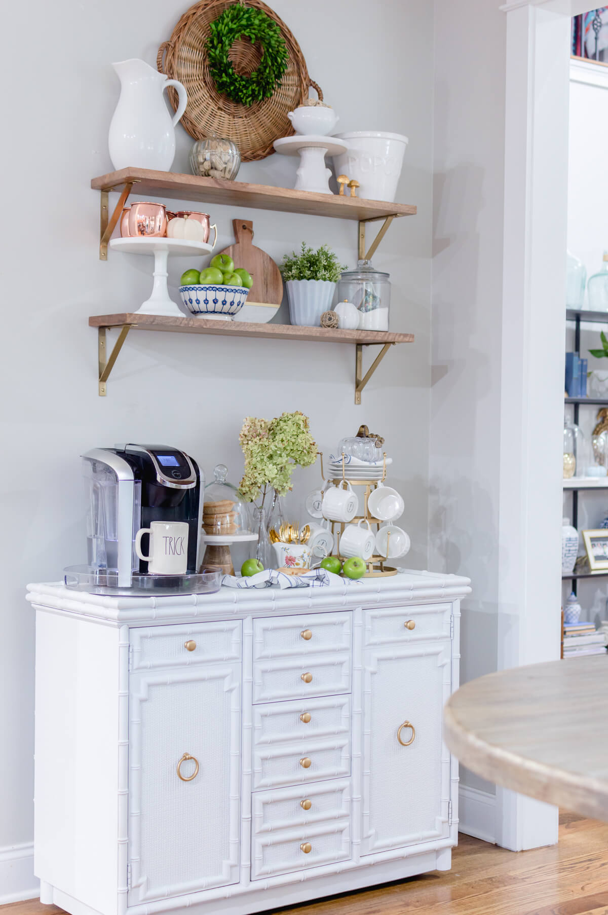Small DIY Coffee Bar with Shelves and a Dresser
