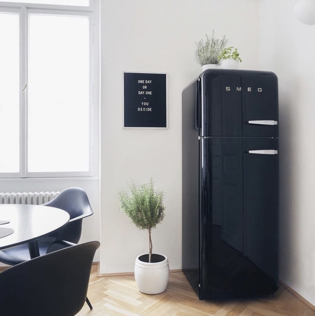 Small Fridge in Black with Multiple White Planters