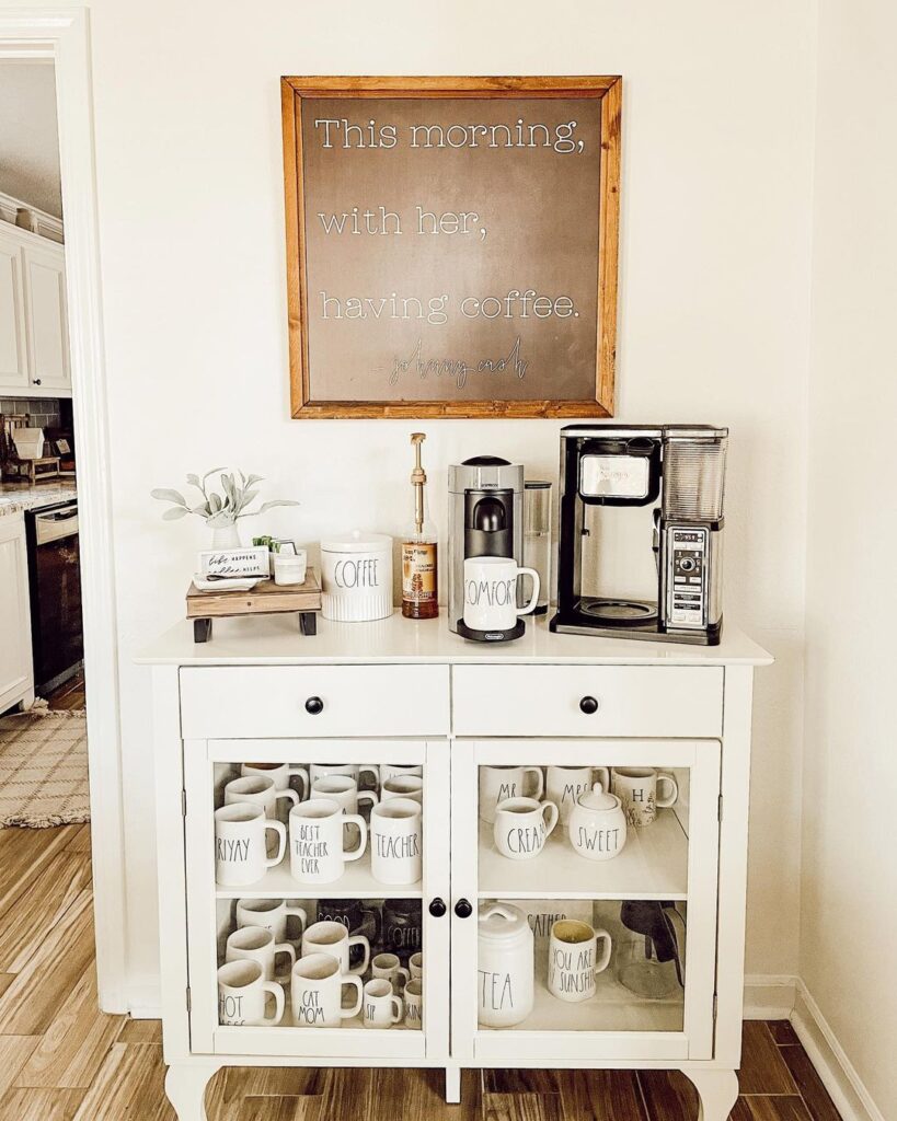 Small Minimalist Rustic Coffee Corner with White Ceramic Cups