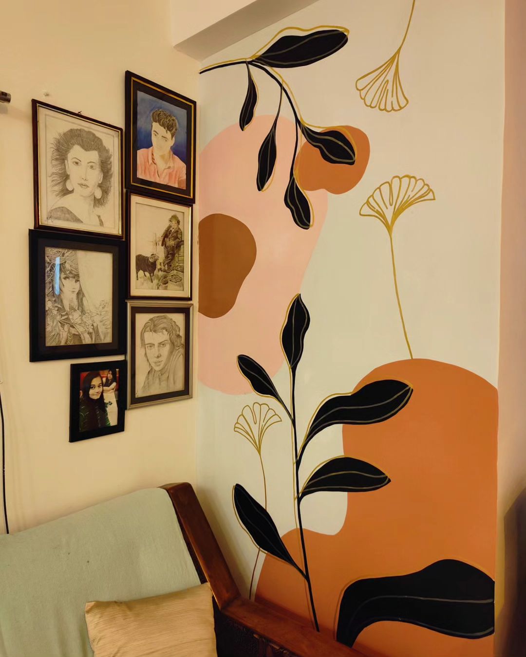 Soft Peach Botanical Line Art Mural with Gold Accents