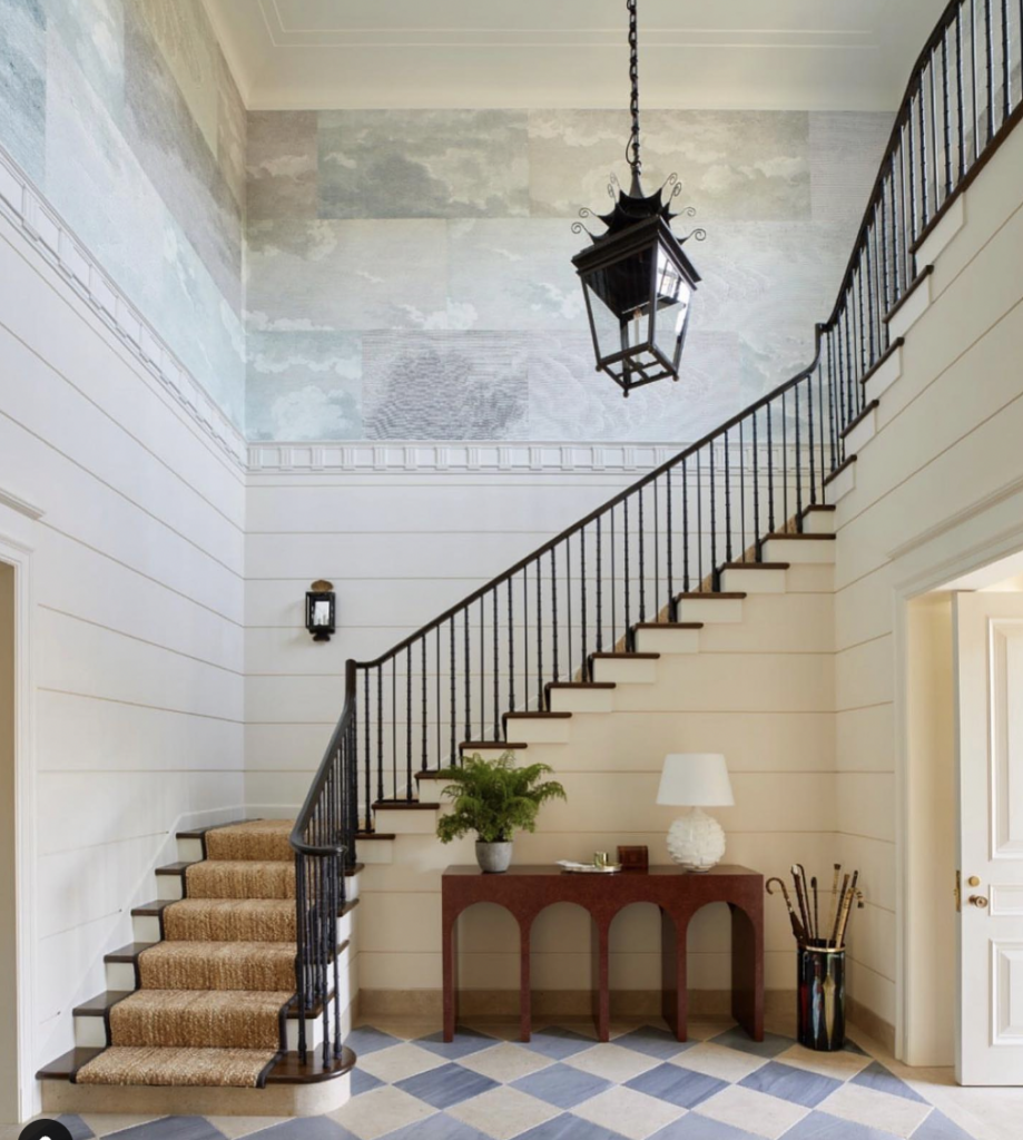 Spiral Wood Stairs over Checkerboard Flooring