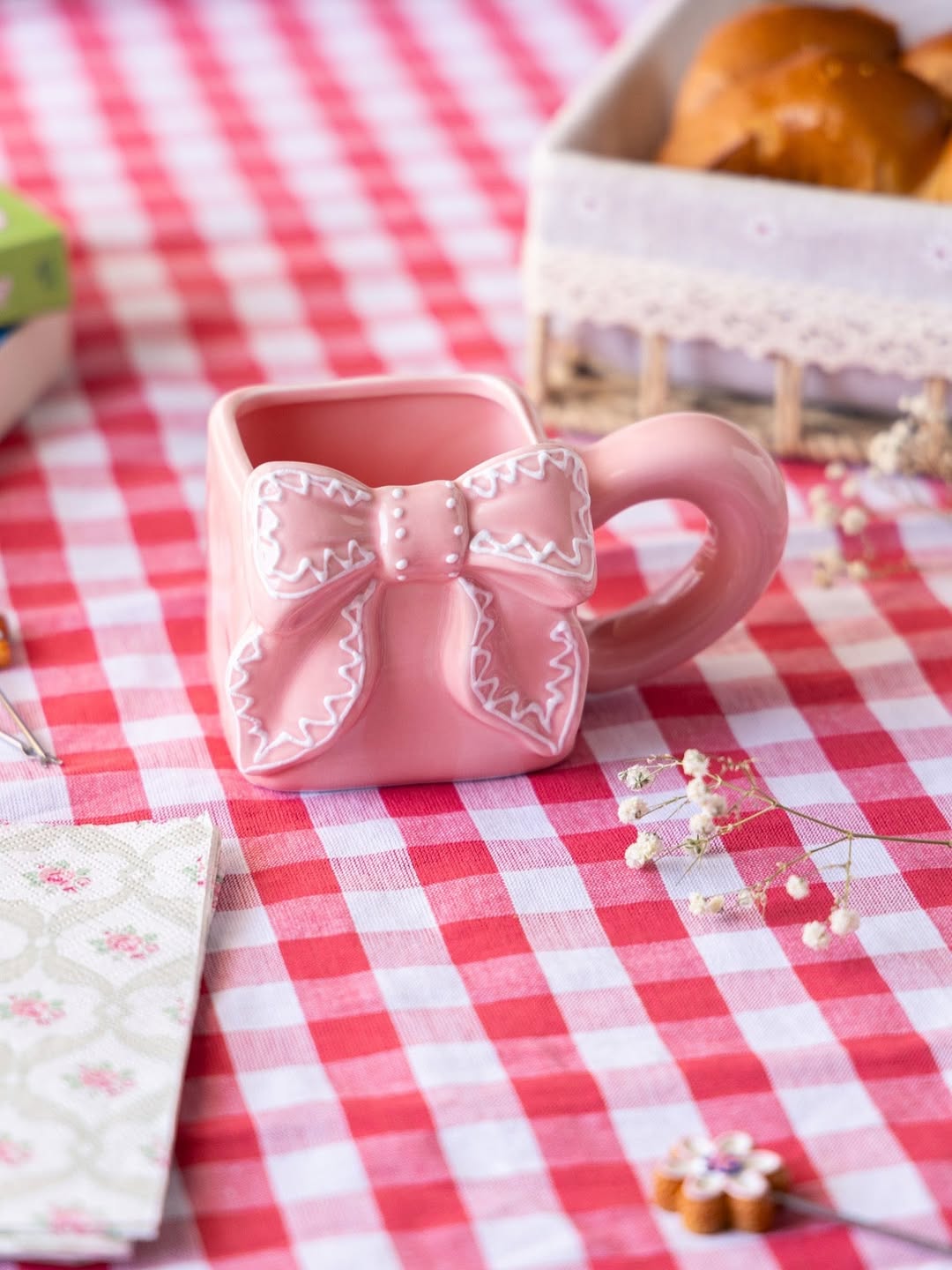 Square Pink Gingham-Style Mug with Bow