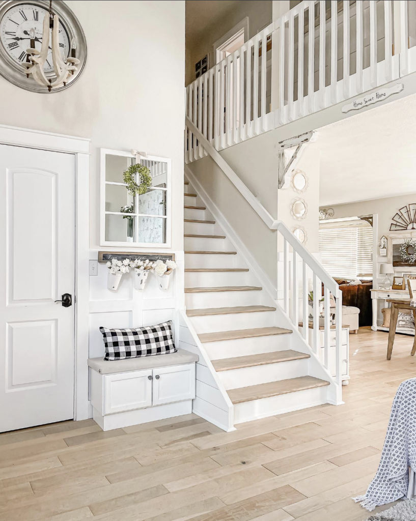 Staircase with Light Wood Treads and White Risers