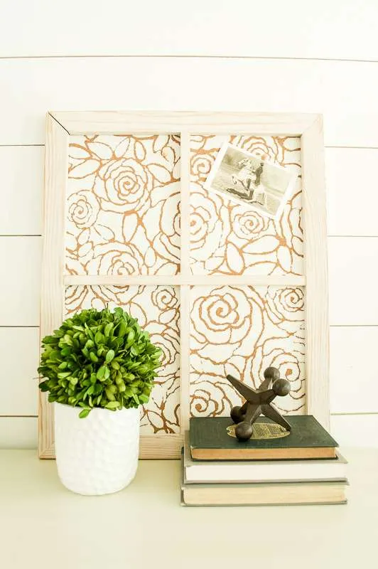 Stencil Framed Corkboard in a Stripped Mirror Frame