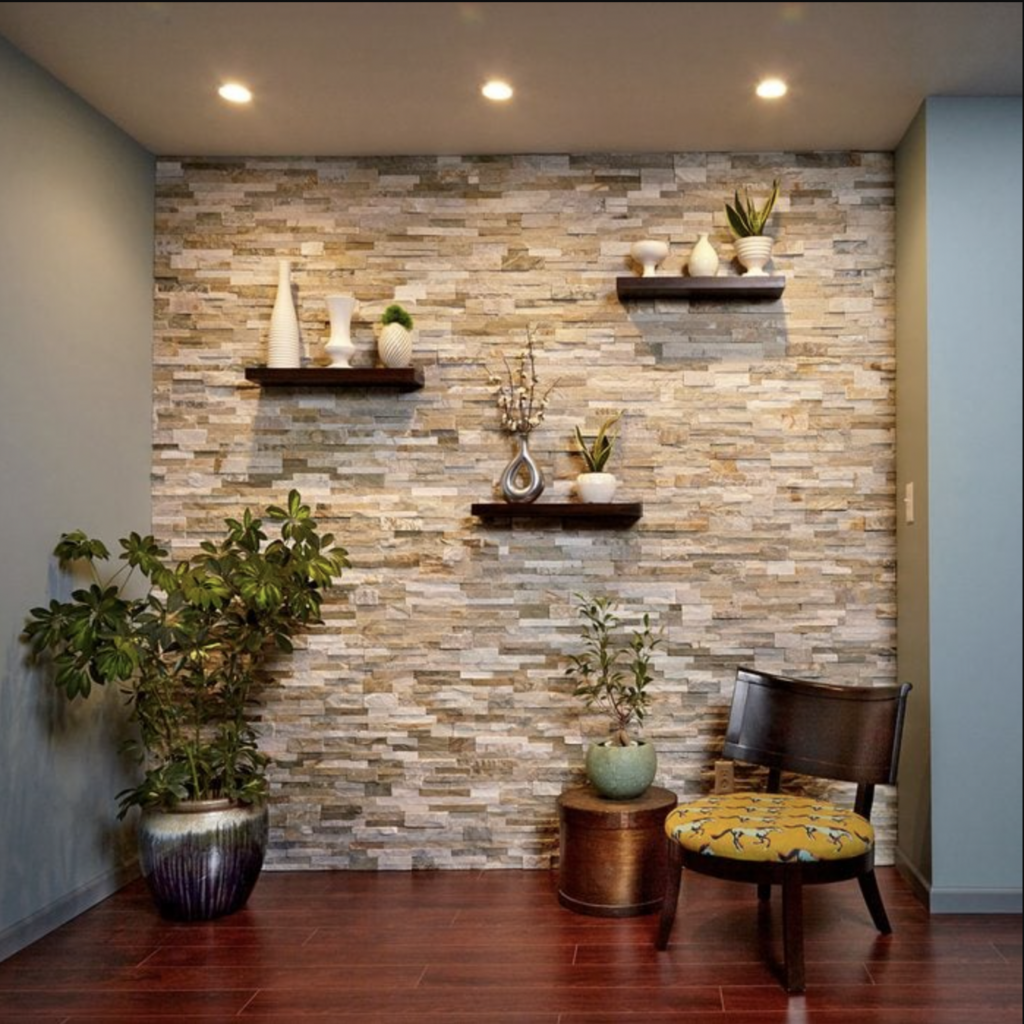 Stone Wall with Dark Wood Flooring and Floating Wood Shelves