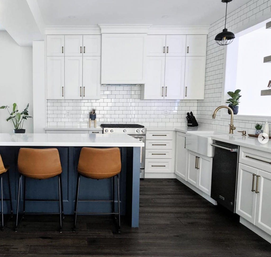 Subway Tile Backsplash Kitchen with Blue Island