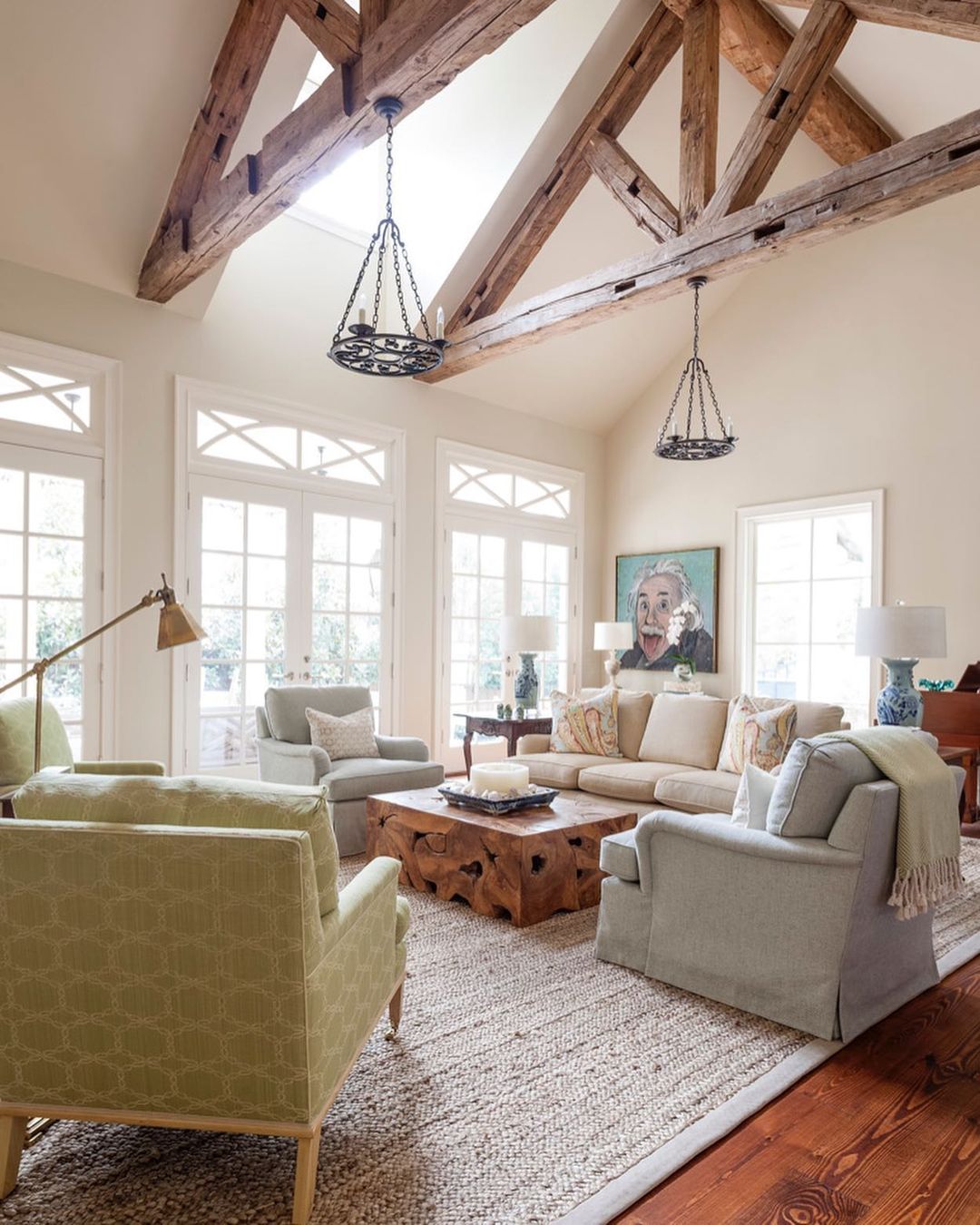 Sunlit Atrium with Exposed Vintage Trusses