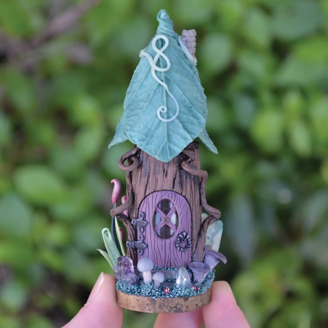 Tiny Violet-Door Tree Trunk Fairy House