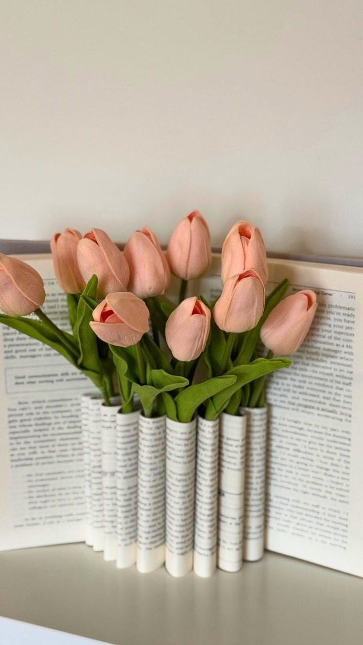 Tulip Display in Book-Page Vases