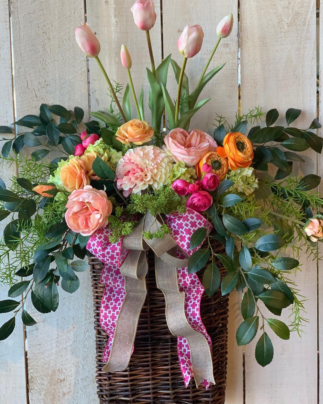 Vibrant Spring Tulip and Rose Door Basket