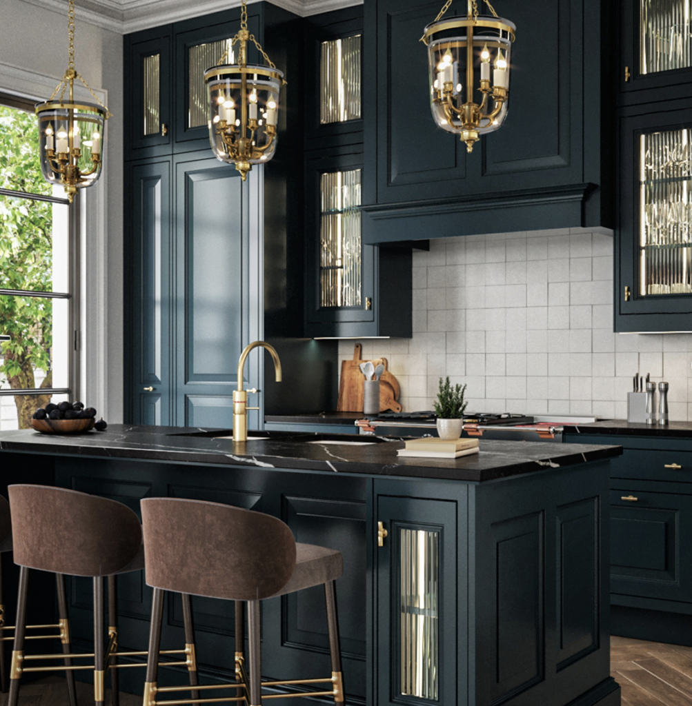 Turquoise Cabinets with Gold Fixtures