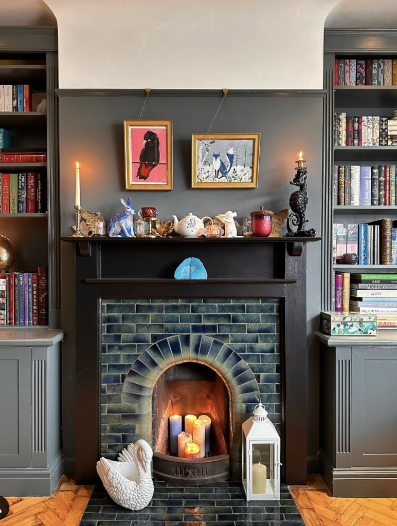 Turquoise Subway Tile for a Black Fireplace