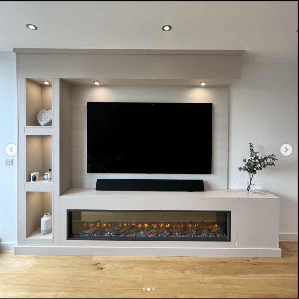Wall mount electric fireplace under TV with smart home controls