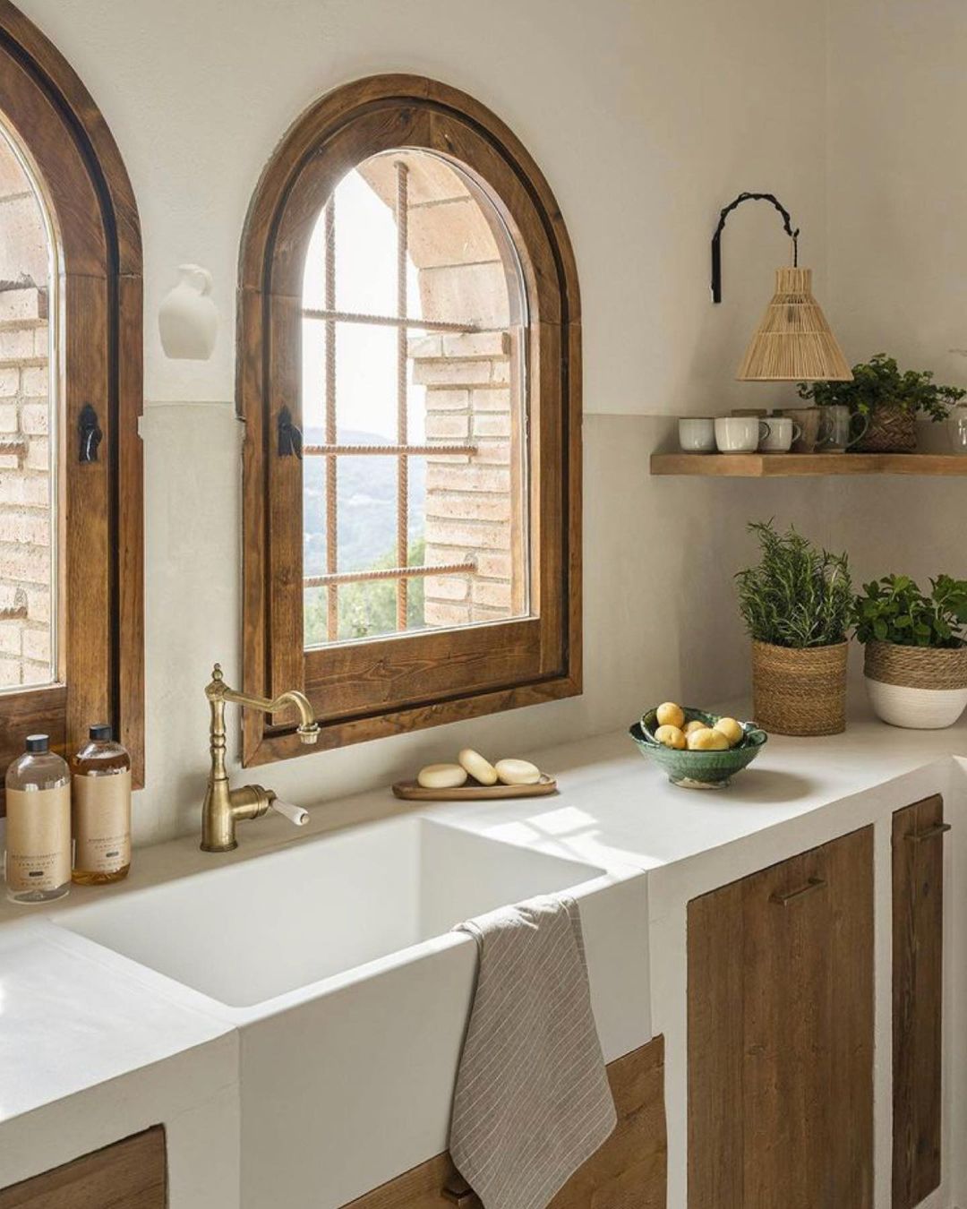 Two Arched Windows with Wood Frames