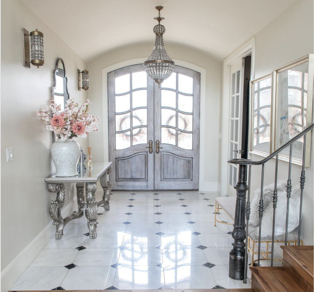 Farmhouse Double Front Door With White Trimming