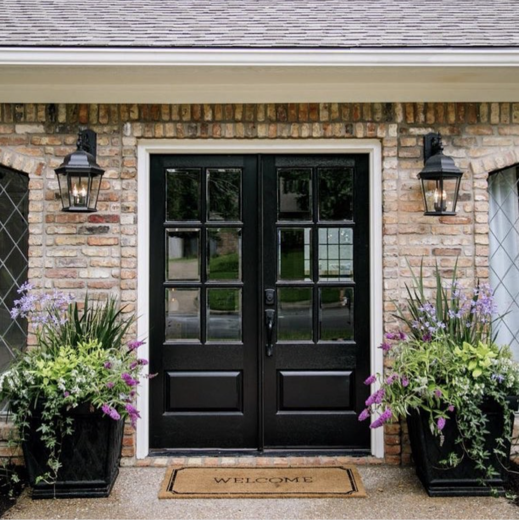 Two Large Planters at a Black Glass Door