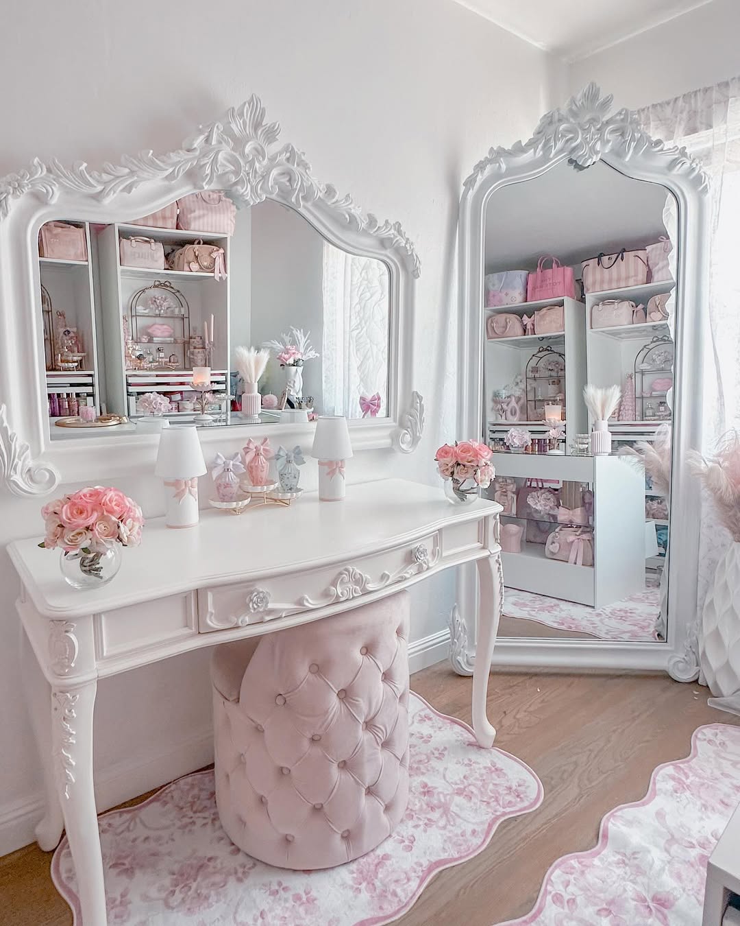 Vanity with Tufted Stool and Triple Mirror