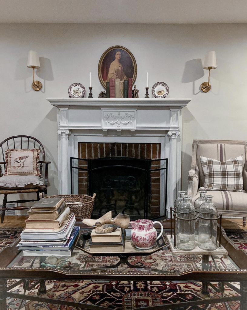 Victorian Family Room Fireplace with Lighting Fixtures
