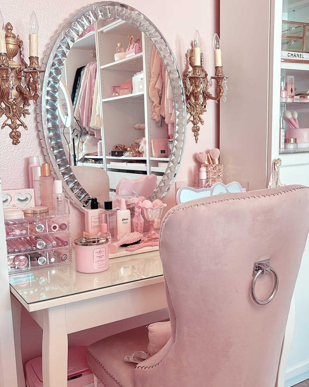 Vintage Vanity with Velvet and Wall Sconces
