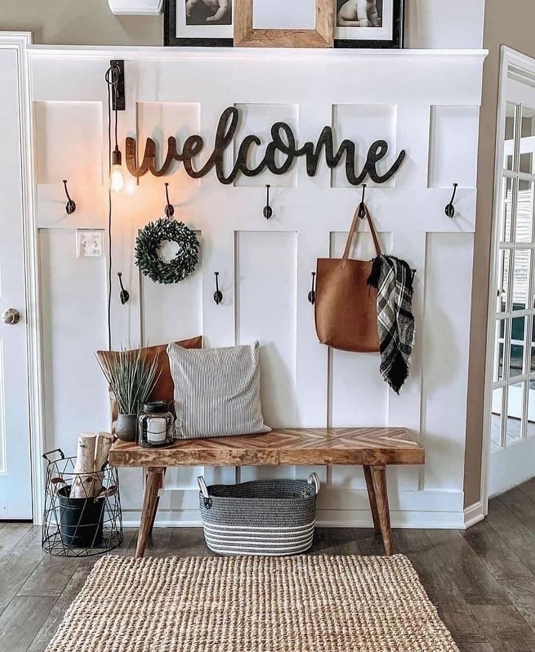 Welcome Typography on a Wood Mudroom Wall