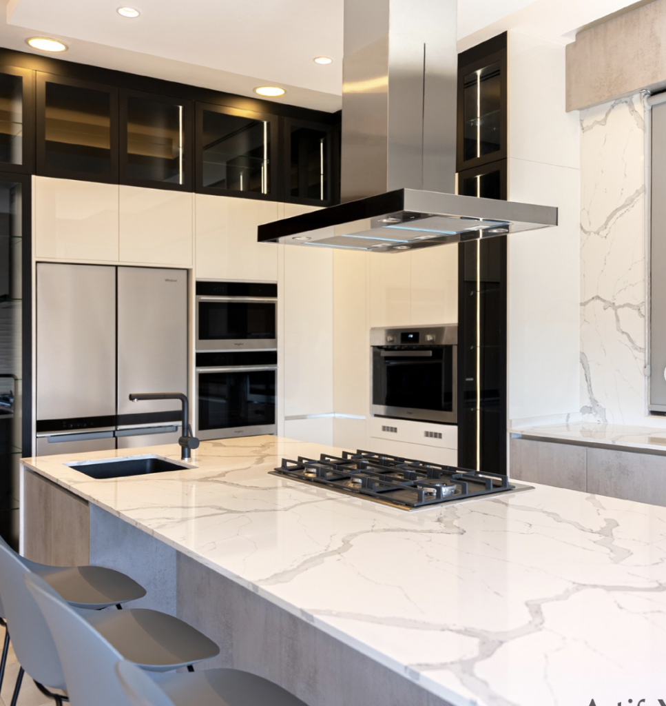 White and Black Cabinets Above the Refrigerator for Balanced Monochromatic Harmony