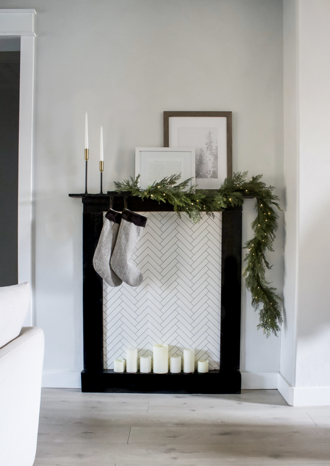 White and Black Faux Fireplace