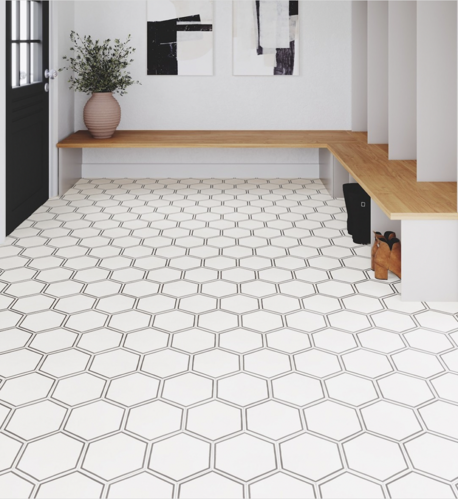 White and Black Hexagonal Checkerboard Floor Tile for Entryways Kitchens and Bathrooms