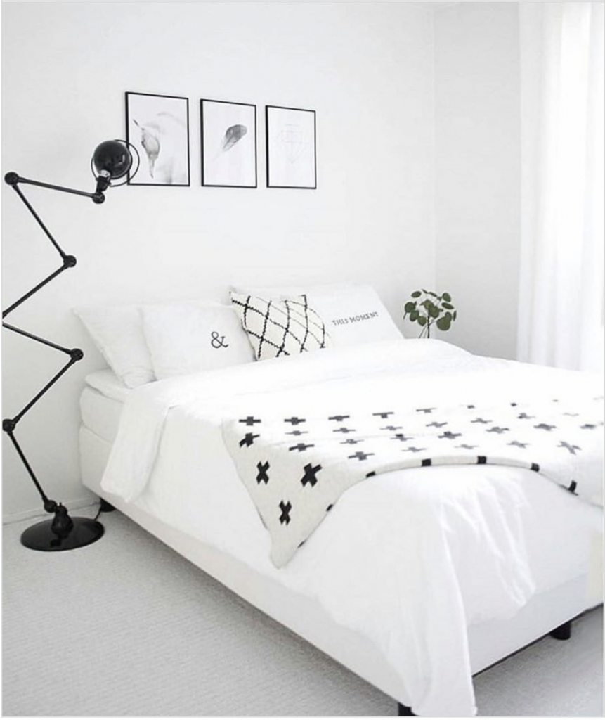 White Bedroom Gallery Wall Above Bed as Headboard Substitute