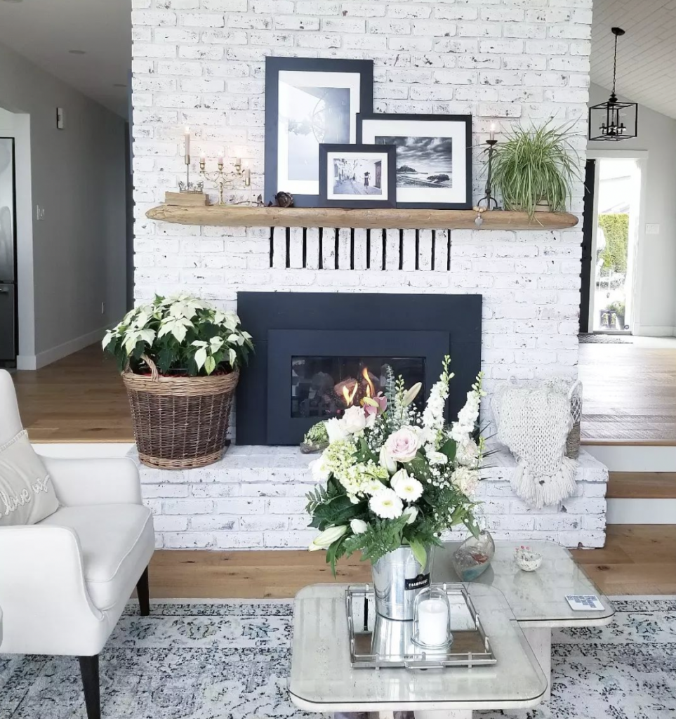 White brick fireplace with a distressed finish