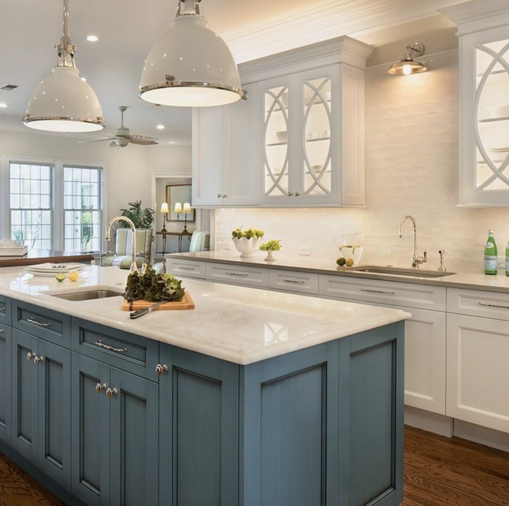 White Cabinetry and Blue Farmhouse Sink