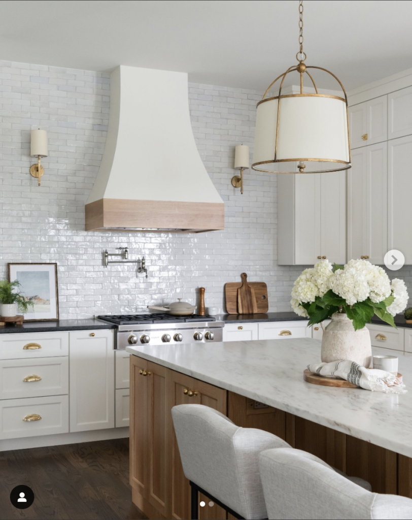 White Cabinets with Wood Hood Cover