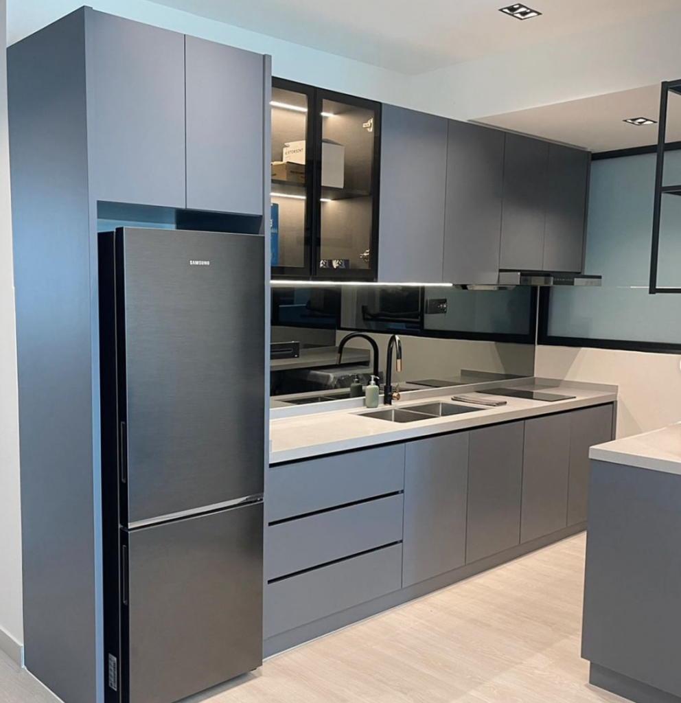 White Countertop Paired with a Blue Cabinet